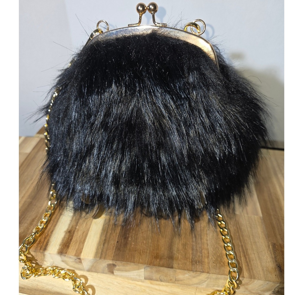 Black Faux Fur Round Purse‎ Clutch Gold Chain Evening Bag Women Prom Formal